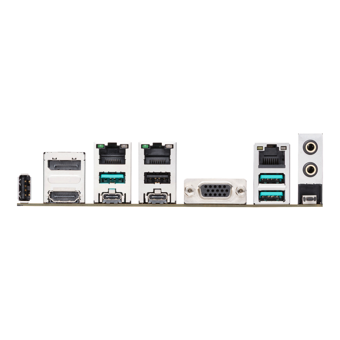 Atlas Rack 2U – bakre I/O-panel på ASUS Pro WS B850M-ACE SE med USB, skjermutganger og tre nettverksporter. Produktbilde fra ASUS.