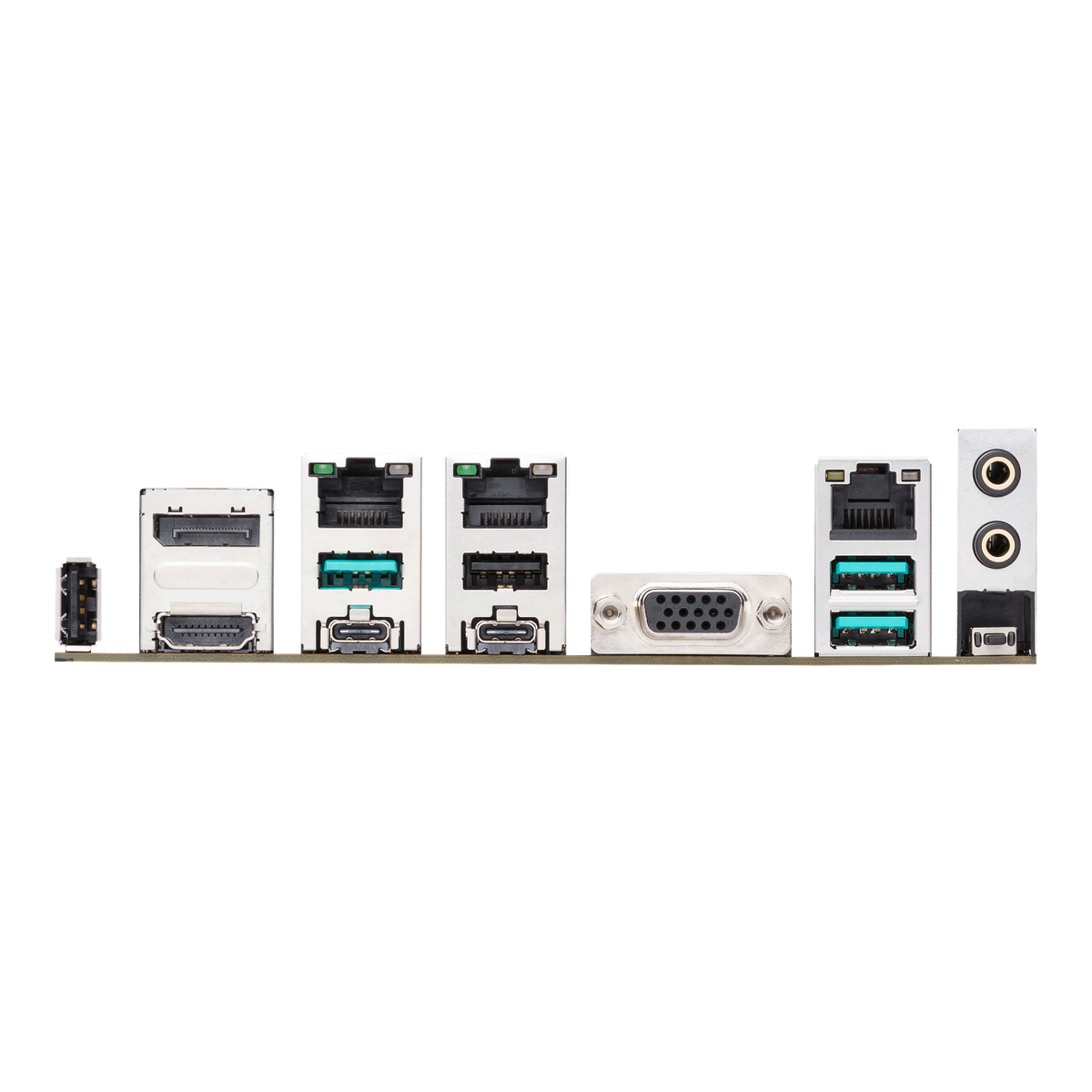 Atlas Rack 2U – bakre I/O-panel på ASUS Pro WS B850M-ACE SE med USB, skjermutganger og tre nettverksporter. Produktbilde fra ASUS.