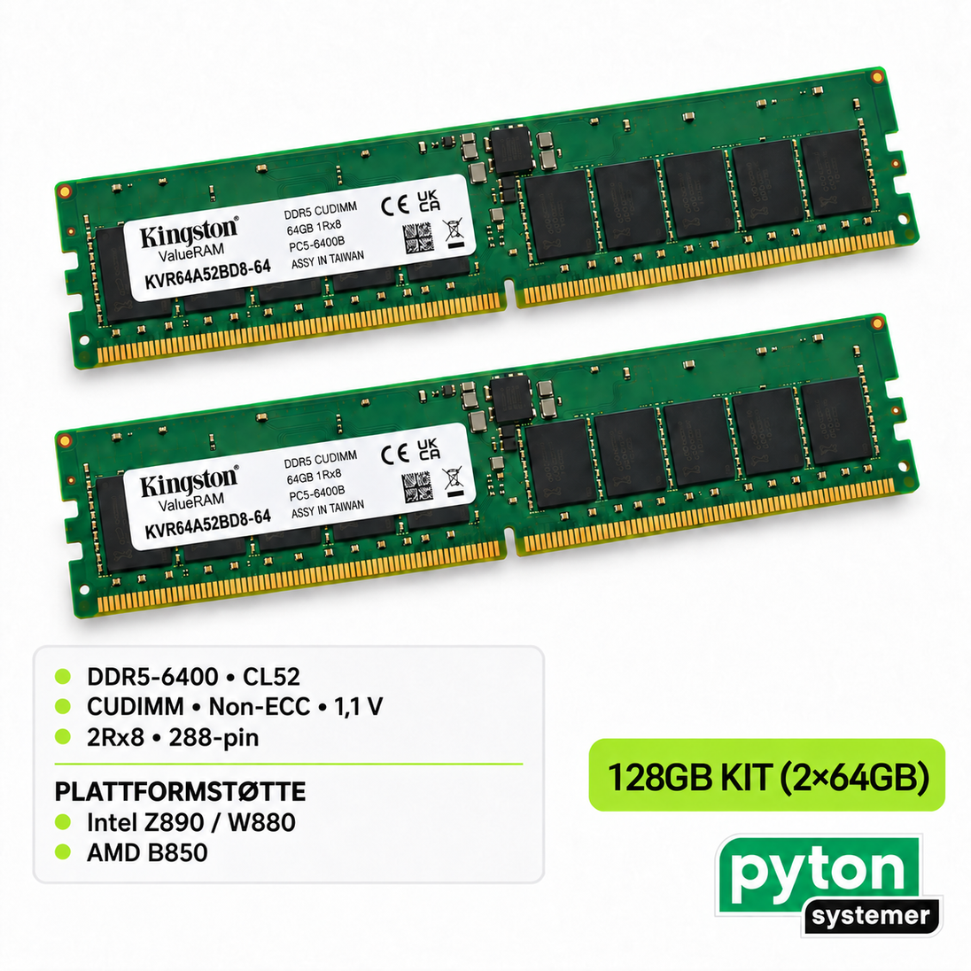 Kingston ValueRAM 128GB (2x64GB) DDR5-6400 CL52 CUDIMM