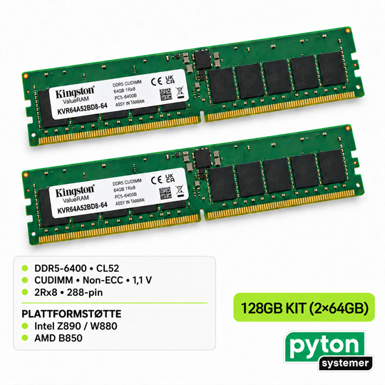 Kingston ValueRAM 128GB (2x64GB) DDR5-6400 CL52 CUDIMM